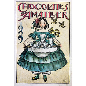 Cromo publicitari de Xocolata Amatller il·lustrat per Lola Anglada.