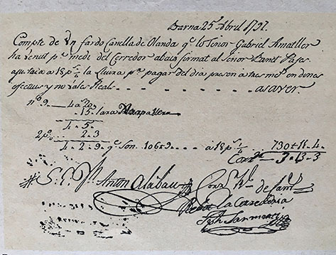 Factura de venda de canyella per a l’elaboració de xocolata a Gabriel Amatller. Any 1797.