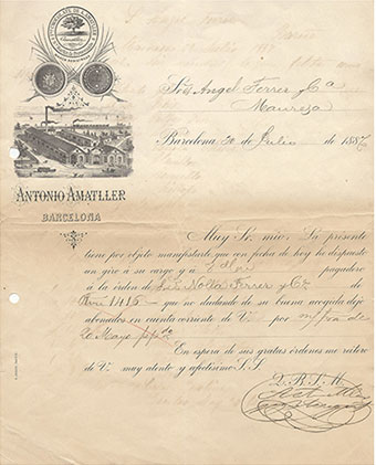 Carta comercial a un client de la societat Antonio Amatller. Any 1887.