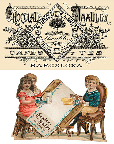 Decoració llauna i Cromo publicitari articulat amb la temática de xocolatada infantil, regal de la Xocolata Amatller.
