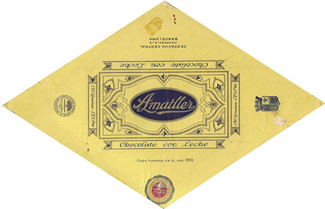 Envoltori antic de Xocolata amb llet Amatller. “150 gramos 1,25 pesetas”.