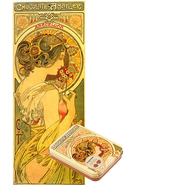 Cartell publicitari realitzat per Alphonse Mucha, editat per a la marca Amatller l’any 1901. Actualment present en alguns envoltoris i estoigs de la marca.