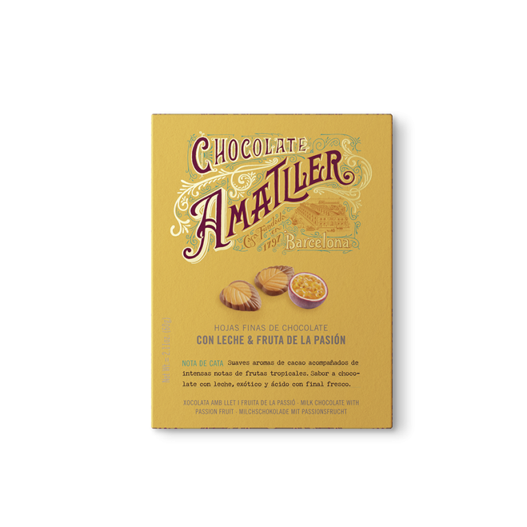 Hojas de Chocolate con leche y fruta de la pasión 60g